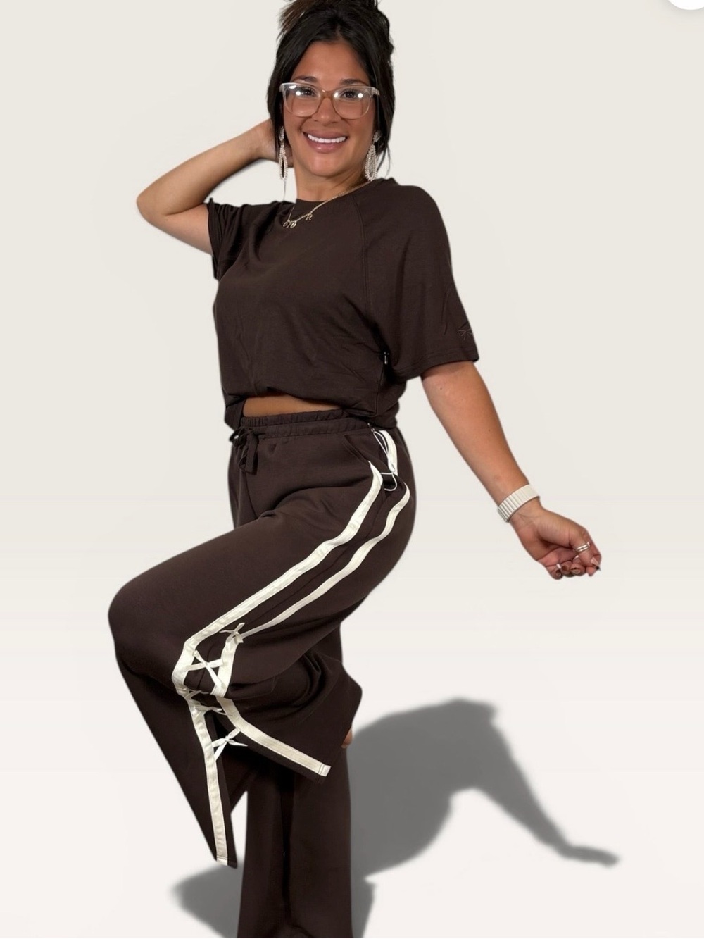 NWT Simply Southern Women's Brown Track Pants with White Stripe Ribbon Detail